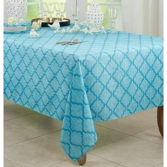 Fennco Styles Moroccan Laser-Cut Hemstitched Tablecloth 70" W x 70" L - Turquoise Lattice Table Cover for Home Décor, Everyday Use, Weddings, Banquets, Holidays