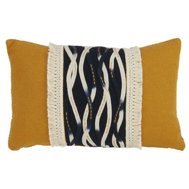 Fennco Styles Moutarde Collection Bohemian Wavy Stitched 100% Pure Cotton 12 x 18 Inch Throw Pillow with Case & Insert â€“ Mustard Lumbar Pillow for Couch, Bedroom and Living Room D?cor