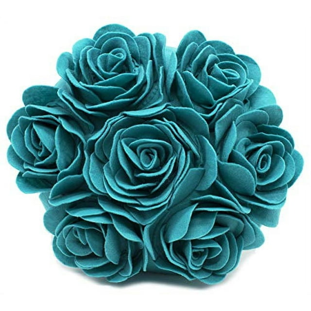 Fennco Styles Multi Rose Motifs Felt 15-inch Round Decorative Throw Pillow (Teal, Case + Insert)
