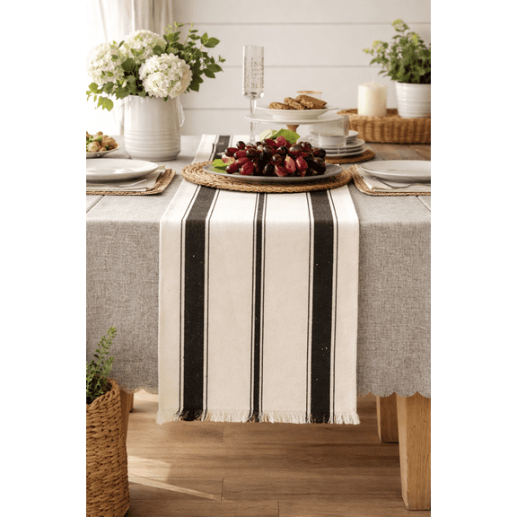Fennco Styles Natural Stripes Fringe Canvas Cotton Table Runner 14 x 87 Inch - Black