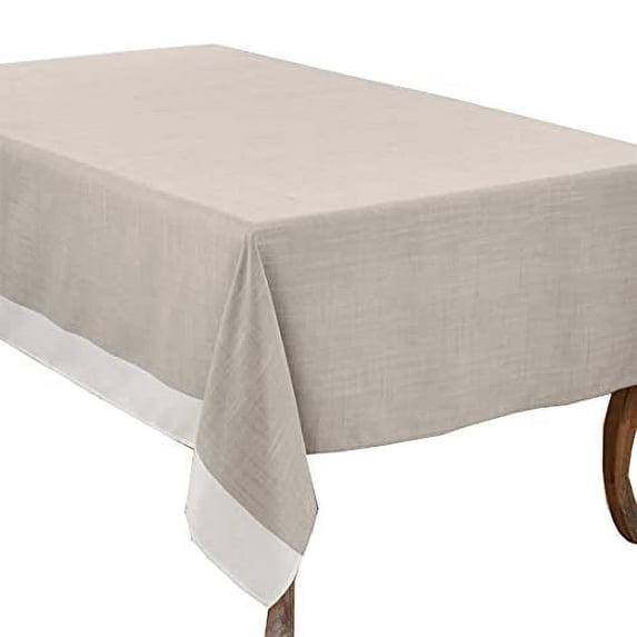 Fennco Styles Natural and White Two Tone Banded Border Tablecloth 67 x 140 Inch - Classic Table Cover for Everyday Use, Banquets, Family Gathering and Special Events