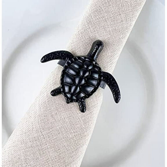 Fennco Styles Nature's Touch Sea Turtle Metal Napkin Rings, Set of 4 – Black Sea Creatures Napkin Holders for Family Dinner, Themed Party, Table Décor, Banquets, Holidays and Special Occasion
