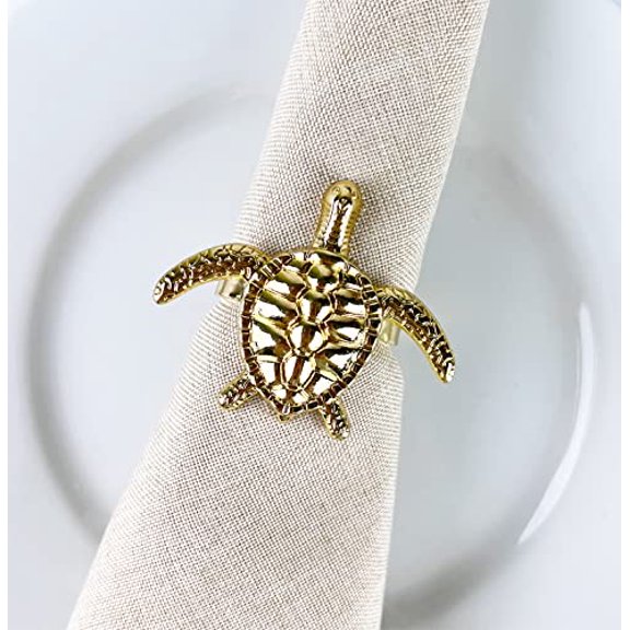 Fennco Styles Nature's Touch Sea Turtle Metal Napkin Rings, Set of 4 – Gold Sea Creatures Napkin Holders for Family Dinner, Themed Party, Table Décor, Banquets, Holidays and Special Occasion