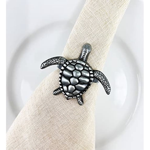 Fennco Styles Nature's Touch Sea Turtle Metal Napkin Rings, Set of 4 – Pewter Sea Creatures Napkin Holders for Family Dinner, Themed Party, Table Décor, Banquets and Special Occasion