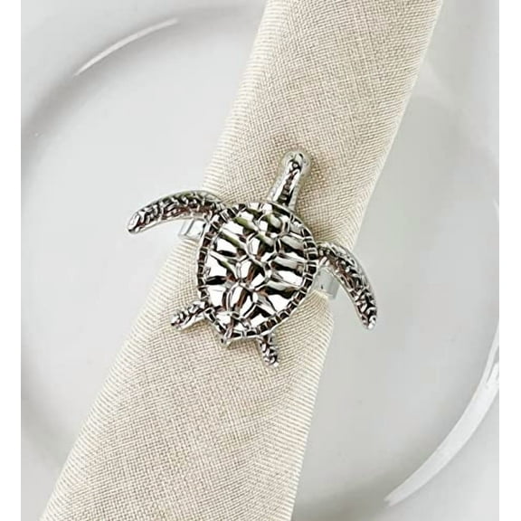 Fennco Styles Nature's Touch Sea Turtle Metal Napkin Rings, Set of 4 – Silver Sea Creatures Napkin Holders for Family Dinner, Themed Party, Table Décor, Banquets, Holidays and Special Occasion
