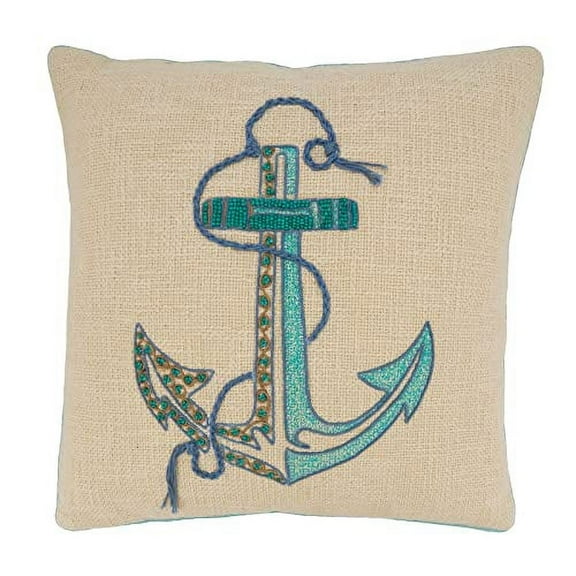 Fennco Styles Nautical Embroidered Anchor Cotton Decorative Throw Pillow 18" W x 18" – Aqua Woven Cushion for Couch, Sofa, Bedroom, Office and Living Room Décor