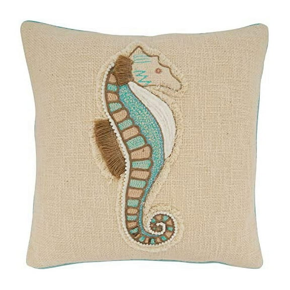Fennco Styles Nautical Embroidered Sea Horse Cotton Decorative Throw Pillow Cover 18" W x 18" L – Aqua Woven Cushion Case for Couch, Sofa, Bedroom, Office and Living Room Décor