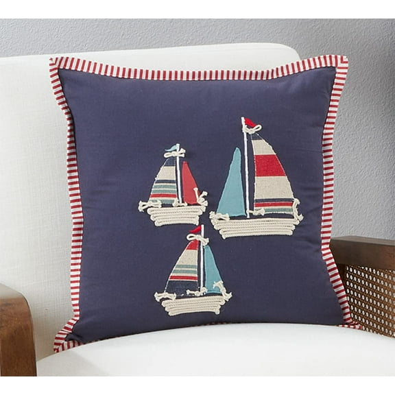 Fennco Styles Nautical Sail Boat Appliqué Cotton Decorative Throw Pillow Cover 18" W x 18" L – Navy Blue Coastal Cushion Case for Couch, Sofa, Bed, Holidays, Home Décor and Office Décor