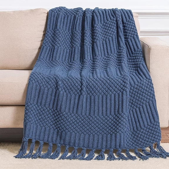 Fennco Styles Navy Blue Knitted Soft Fringe Throw Blanket 50" x 60" – Cozy Textured Decorative Sofa & Bed Throw, Warm Lightweight Boho Blanket for Living Room, Bedroom, Home Décor