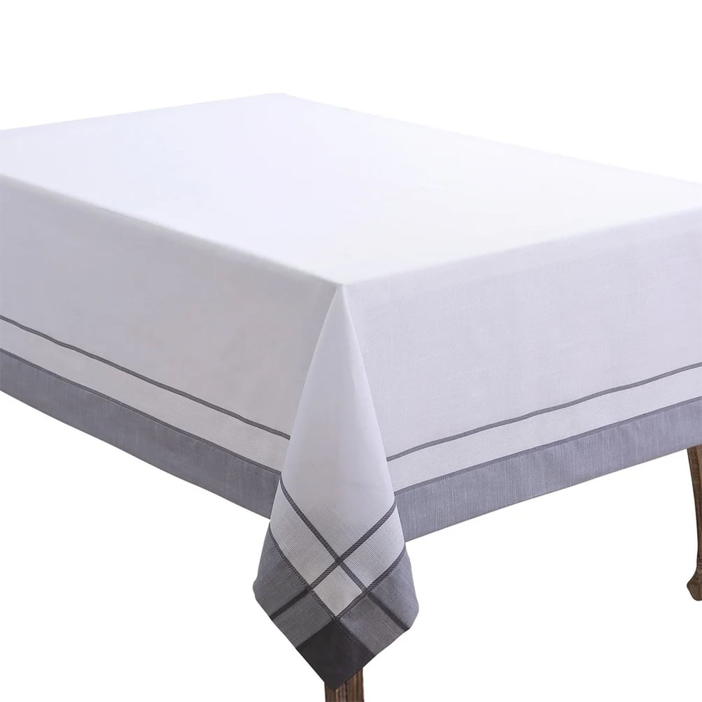 Gray and White Cotton Rectangular Tablecloth with Banded Border