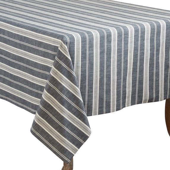Fennco Styles Neutral Classic Multi Striped 100% Cotton Tablecloth 70x70 Inch, Navy Blue
