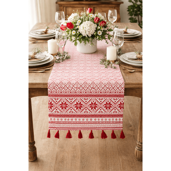 Fennco Styles Nordic Christmas Pattern Tassel Cotton Table Runner 16 x 54 Inch - Red Table Cover for Home, Holiday Décor, Family Gathering and Special Events