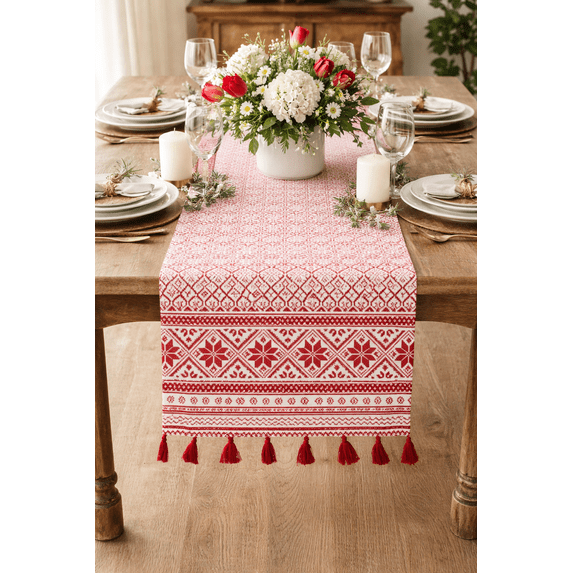 Fennco Styles Nordic Christmas Pattern Tassel Cotton Table Runner 16 x 90 Inch - Red Table Cover for Home, Holiday Décor, Family Gathering and Special Events