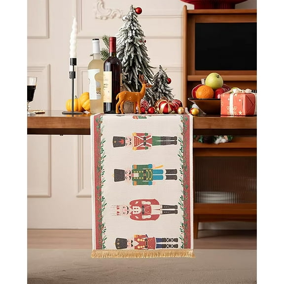 Fennco Styles Nutcracker Fringe Holiday Table Runner 14" W X 60" L - Multicolored Soldier Print Festive Table Cover for Christmas Décor, Banquet, Family Gathering and Special Events