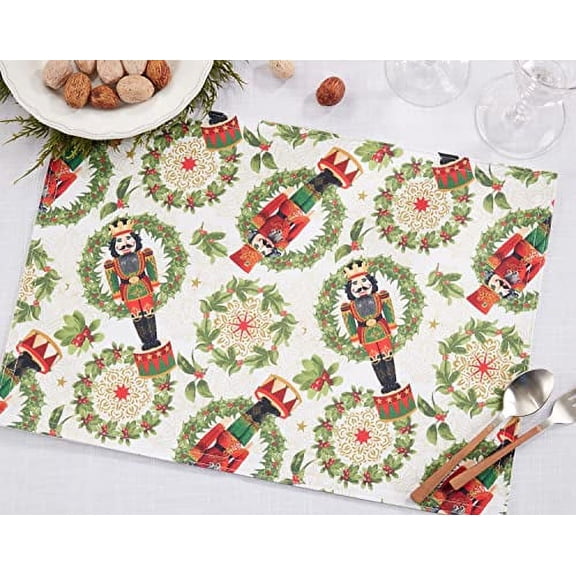Fennco Styles Nutcracker Holiday Placemats 14" W X 20" L, Set of 4 - Red & Green Soldier Print Festive Table Mats for Christmas Décor, Dining Room, Banquet, Family Gathering and Special Events