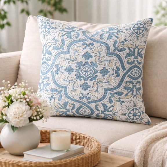 Fennco Styles Ornate Medallion Jacquard Throw Pillow - Poly Filled, 18" x 18" Blue Decorative Accent Pillow for Sofa, Couch & Bed for Home Décor