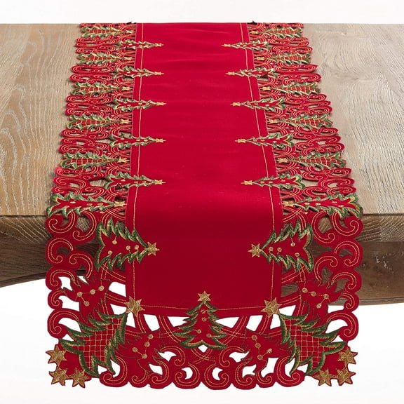 Fennco Styles Pandoro Collection Holiday Embroidered Christmas Tree Cutwork Border 16 x 54 Inch Table Runner – Red Table Runner for Christmas Dinner, Family Gathering, Special Events and Home Décor