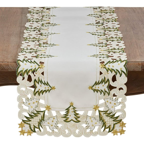 Fennco Styles Pandoro Collection Holiday Embroidered Christmas Tree Cutwork Border 16 x 68 Inch Table Runner – Ivory Table Runner for Christmas Dinner, Family Gathering, Special Events and Home Décor