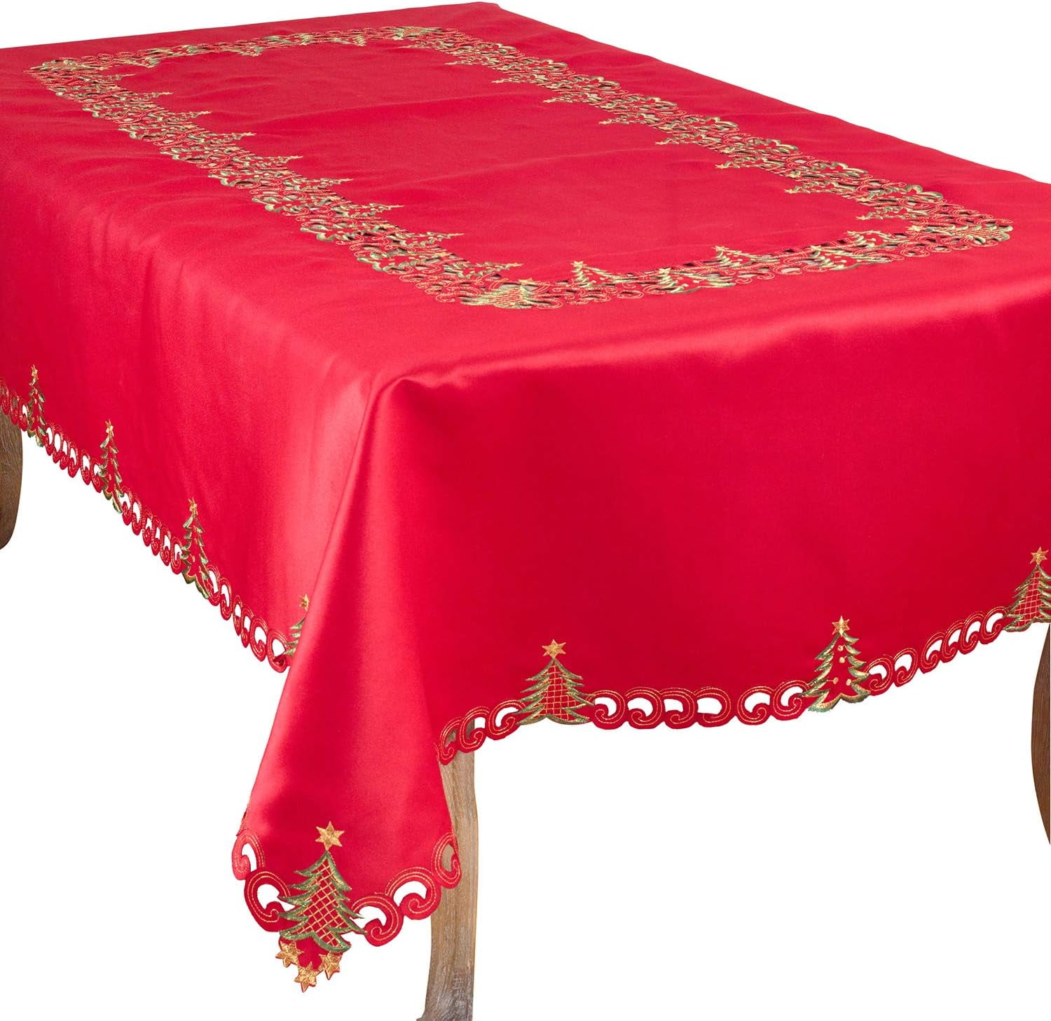 Red Christmas Tree Design Polyester Tablecloth with Gold Stars