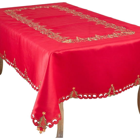 Fennco Styles Pandoro Collection Holiday Embroidered Christmas Tree Cutwork Border 67 x 67 Inch Tablecloth – Red Table Cloth for Christmas Dinner, Family Gathering, Special Events and Home Décor