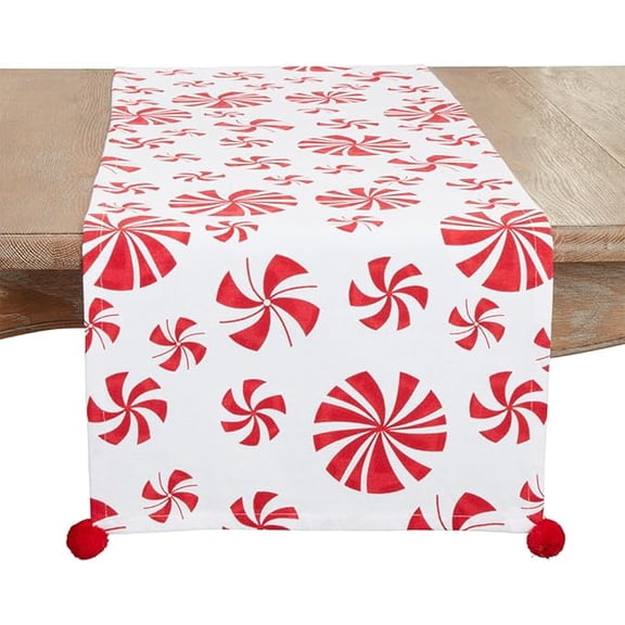 Fennco Styles Peppermints Holiday Cotton Table Runner 16" W x 72" L - Red & White Festive Table Cover for Christmas, Family Gathering, Banquets and Special Events