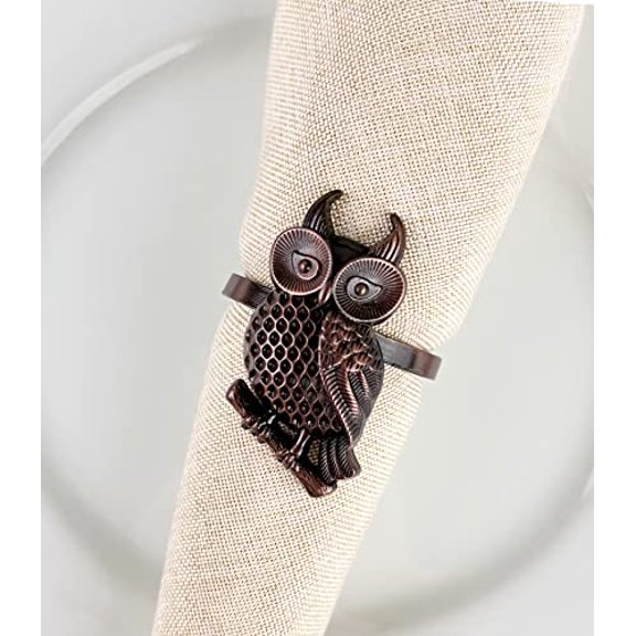 Fennco Styles Perched Owl Metal Napkin Rings, Set of 4 - Copper Animal Design Napkin Holders for Home Décor, Dining Table, Banquets, Family Gathering and Special Occasions