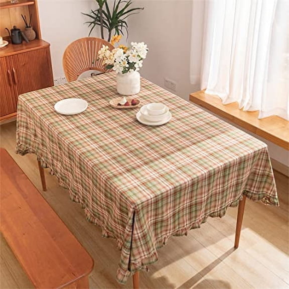 Fennco Styles Plaid Ruffled Border Cotton Woven Tablecloth 56" W x 71" L - Khaki Tartan Table Cover for Banquets, Holiday, Special Events, Home, Dining Room Décor and Everyday Use