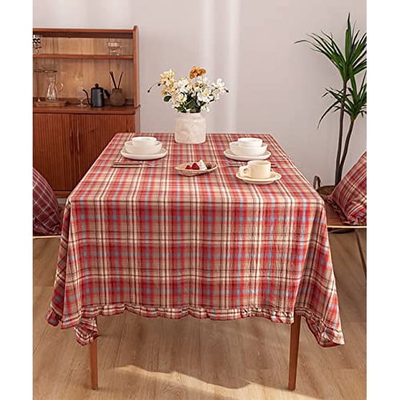 Fennco Styles Plaid Ruffled Border Cotton Woven Tablecloth 56" W x 79" L - Burgundy Tartan Table Cover for Banquets, Holiday, Special Events, Home, Dining Room Décor and Everyday Use