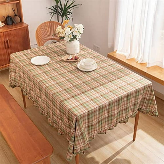 Fennco Styles Plaid Ruffled Border Cotton Woven Tablecloth 56" W x 87" L - Khaki Tartan Table Cover for Banquets, Holiday, Special Events, Home, Dining Room Décor and Everyday Use