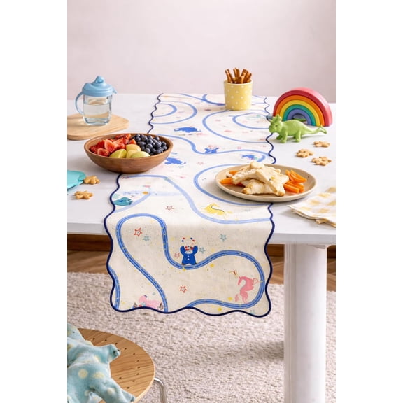 Fennco Styles Playful Circus Scalloped Table Runner 14" x 71" – Whimsical Fun Animal & Star Print Table Cover for Kids & Family Table Decor for Daily Meals, Parties & Playdates