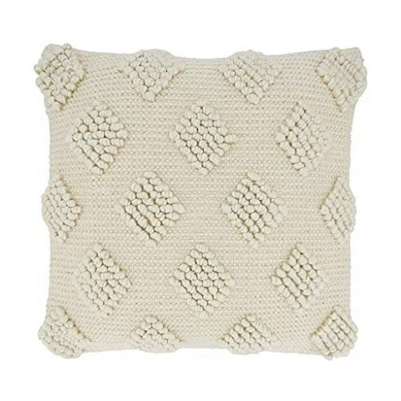 Fennco Styles Pom Pom Diamond Decorative Throw Pillow Cover 18" W x 18" L - Ivory Square Cushion Case for Home, Couch, Bedroom, Living Room and Office Décor