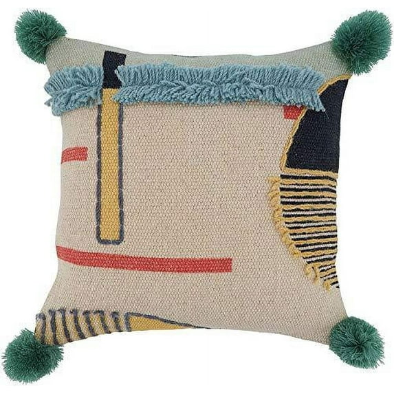 Fennco Styles Pom Pom Geometric Embroidered Cotton Decorative Throw Pillow - Multicolored Cushion for Home, Couch, Living Room and Office Décor