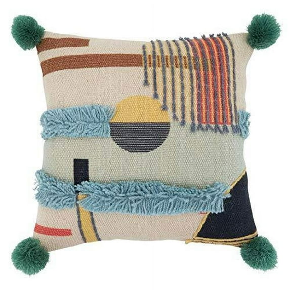Fennco Styles Pom Pom Geometric Embroidered Cotton Decorative Throw Pillow - Multicolored  Cushion for Home, Couch, Living Room and Office Décor