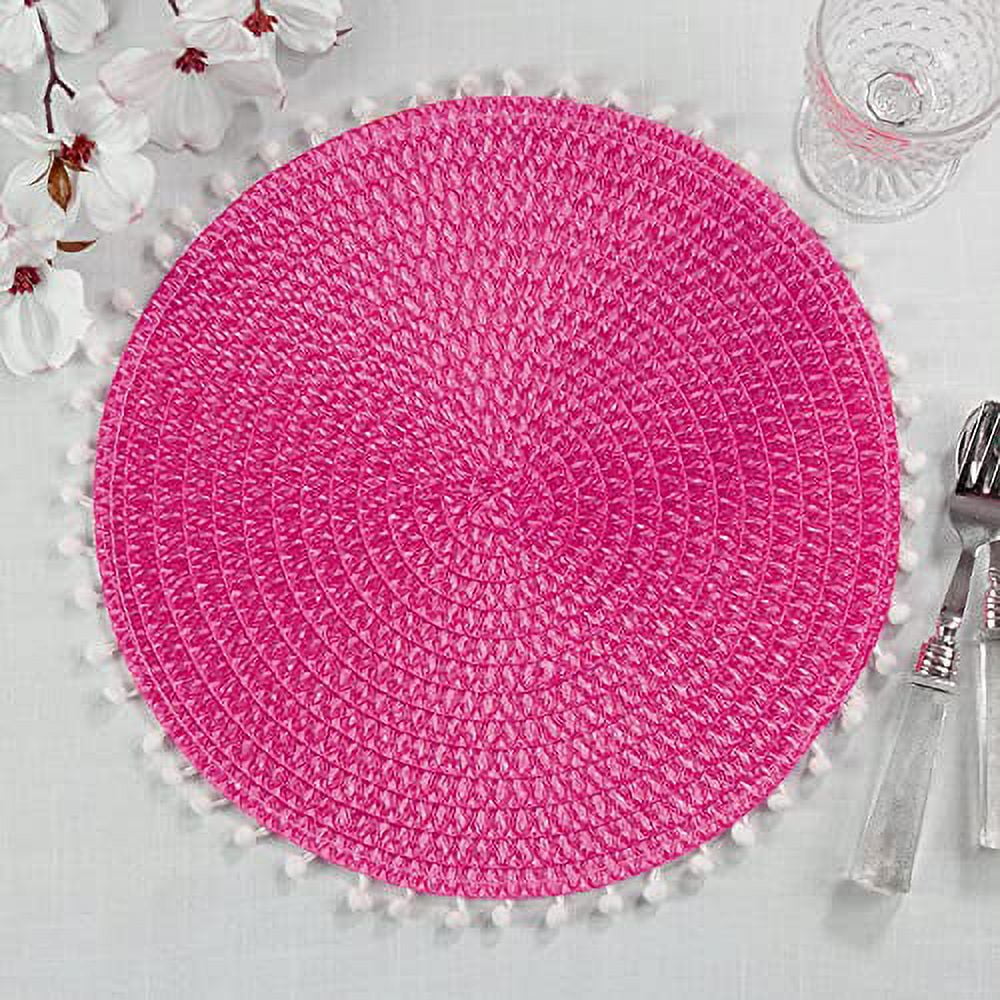 Fennco Styles Pom Pom Textured Placemats 15 Inches Round, Set of 4 – Fuchsia Modern Traycloth Table Mats for Home, Dining Room Décor, Banquets, Indoor & Outdoor and Special Events