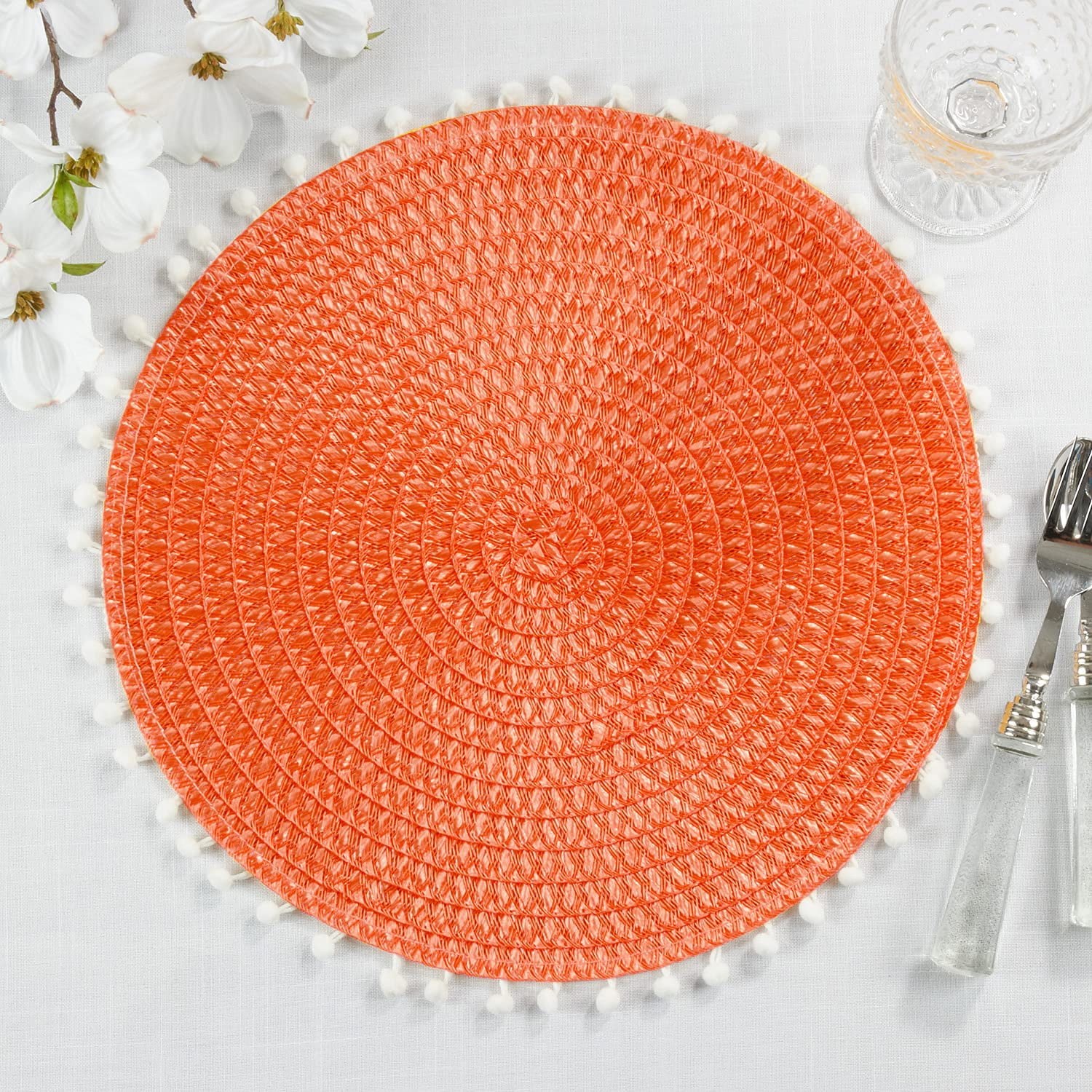 Fennco Styles Pom Pom Textured Placemats 15 Inches Round, Set of 4 – Persimmon Modern Traycloth Table Mats for Home, Dining Room Décor, Banquets, Indoor & Outdoor and Special Events