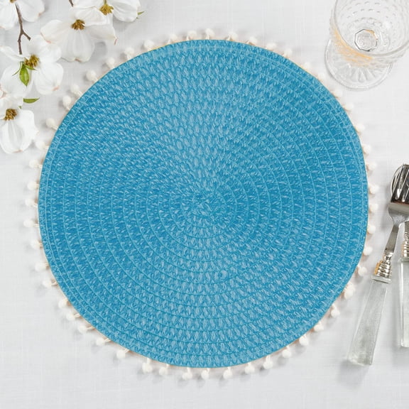 Fennco Styles Pom Pom Textured Placemats 15 Inches Round, Set of 4 – Turquoise Modern Traycloth Table Mats for Home, Dining Room Décor, Banquets, Indoor & Outdoor and Special Events