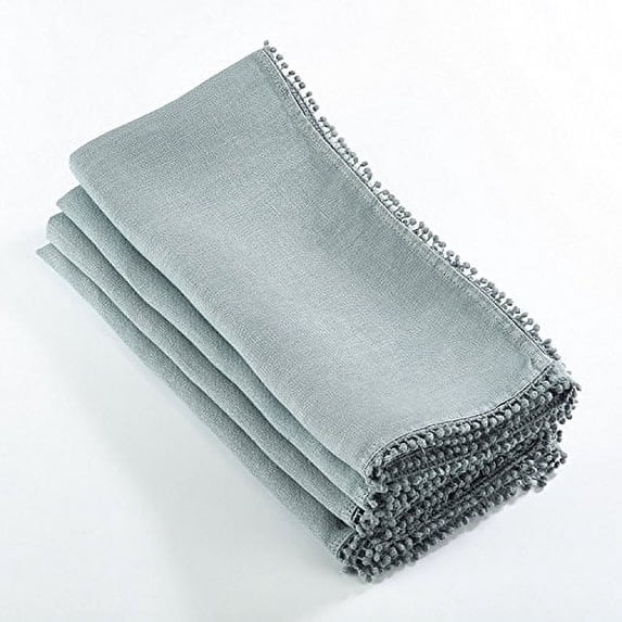 Fennco Styles Pomponin Collection Pom Pom Design 100% Linen Cloth Napkins 20"x20", Set of 4, Blue-Grey
