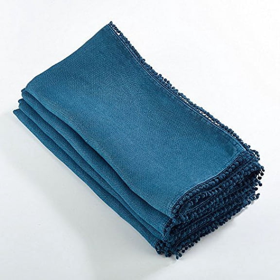 Fennco Styles Pomponin Collection Pom Pom Design 100% Linen Cloth Napkins 20"x20", Set of 4, Ocean Blue