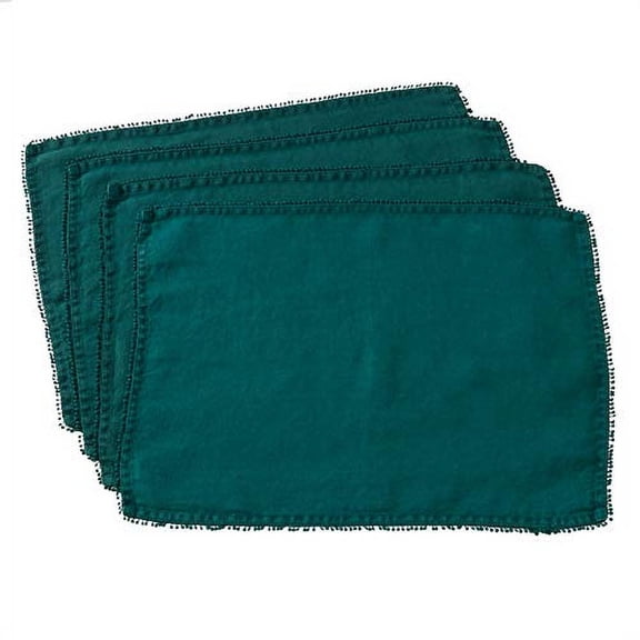 Fennco Styles Pomponin Collection Pom Pom Design 100% Linen Table Placemats 14" W x 20" L, Set of 4, Jasper Green