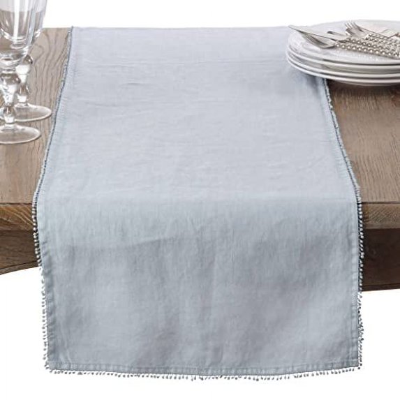 Fennco Styles Pomponin Collection Pom Pom Design 100% Linen Table Runner (Lilac, 16"x72" Table Runner)
