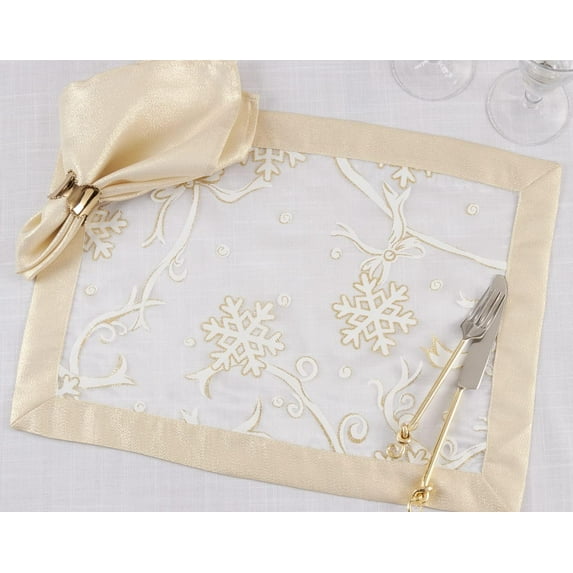 Fennco Styles Printed Snowflake & Ribbon Semi-Sheer Placemats 14" W x 20 L, Set of 4 - Gold Table Mats for Home, Dining Room, Banquets, Christmas and Special Events