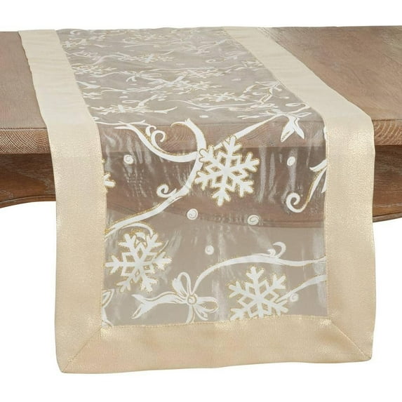 Fennco Styles Printed Snowflake & Ribbon Semi-Sheer Table Runner 16" W X 108" L - Gold Festive Table Cover for Home Décor, Banquets, Christmas, Holiday and Special Events
