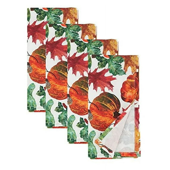 Fennco Styles Pumpkin Foliage Harvest Cloth Napkins 20" W X 20" L, Set of 4 - Multicolor Fall Leaves Dinner Napkins for Thanksgiving, Seasonal Decor, Banquet, Family Gathering and Special Events
