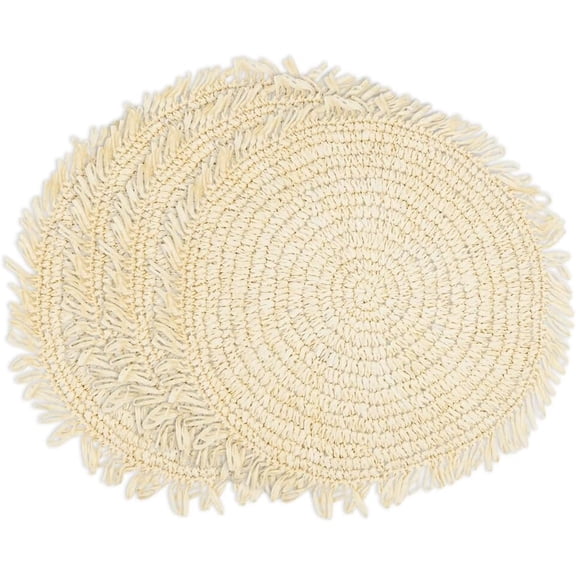 Fennco Styles Raffia Fringe Placemat 14" Round, Set of 4 - Ivory Woven Rustic Table Mat for Home, Dining Room, Banquets, Boho Decor, Family Gathering and Special Occasion