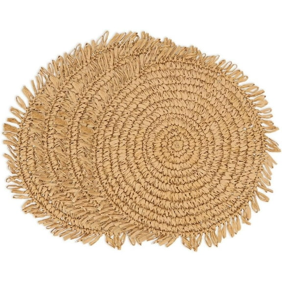 Fennco Styles Raffia Fringe Placemat 14" Round, Set of 4 - Natural Woven Rustic Table Mat for Home, Dining Room, Banquets, Boho Decor, Family Gathering and Special Occasion