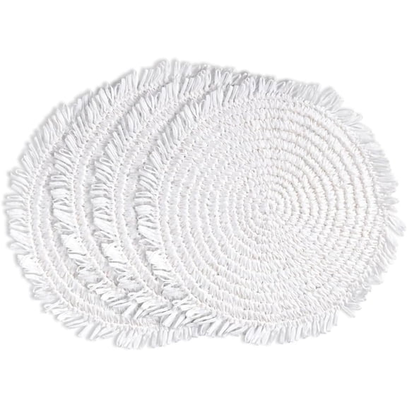 Fennco Styles Raffia Fringe Placemat 14" Round, Set of 4 - White Woven Rustic Table Mat for Home, Dining Room, Banquets, Boho Decor, Family Gathering and Special Occasion