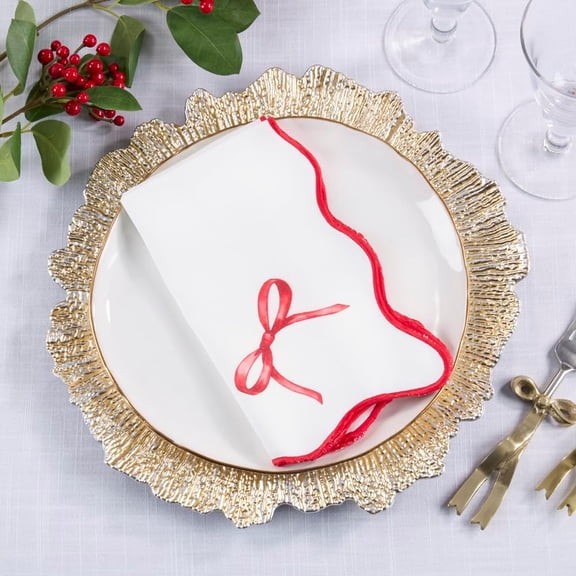Fennco Styles Red Bow Cloth Napkins 20" x 20", Set of 4 - Holiday Christmas Embroidery & Scalloped Edge Table Napkins