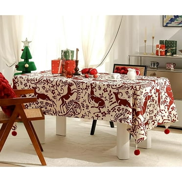 Fennco Styles Red Deer and Floral Pom Pom Christmas Tablecloth 56" W X 56" L - Cotton Blend Festive Table Cover for Winter Holidays, Banquets, Family Gatherings and Special Occasions