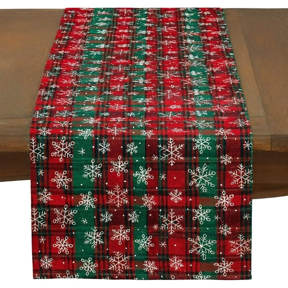 Fennco Styles Red & Green Tartan Plaid Christmas Table Runner with White Snowflakes 13" X 73" - Festive Holiday Table Cover for Christmas Décor, and Winter Festivals