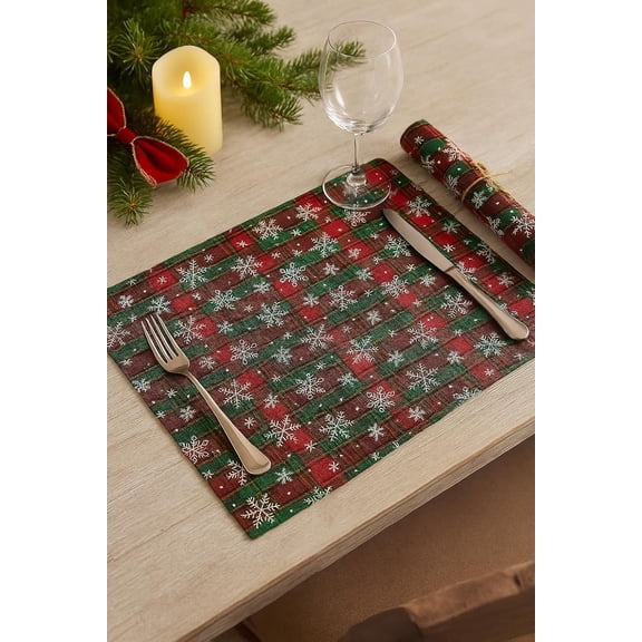 Fennco Styles Red & Green Tartan Plaid Snowflakes Holiday Placemats 13" X 18", Set of 4 - Modern Table Mats for Christmas Décor, and Winter Festivals